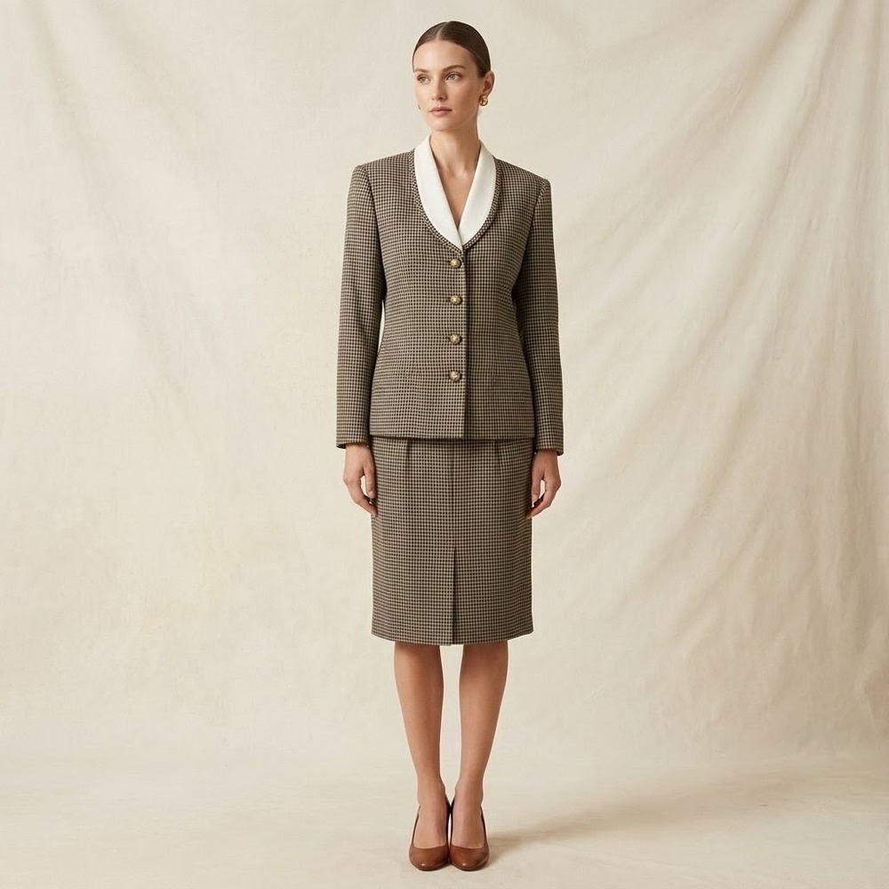 VTG Kasper for A.S.L 2 Pc Skirt Suit Set Brown Grid White Collar Sz 12 Large 90s